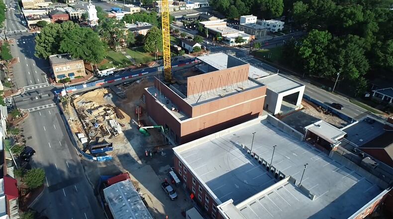 Lawrenceville’s $31 million Performing Arts Center, that includes the soon-to-be expanded home of the Aurora Theatre, is beginning to take shape in downtown. (Courtesy Aurora Theatre)