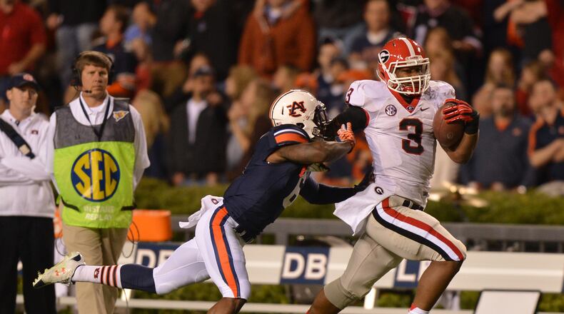 Georgia running back Todd Gurley tries to pull away from Auburn in 2012.