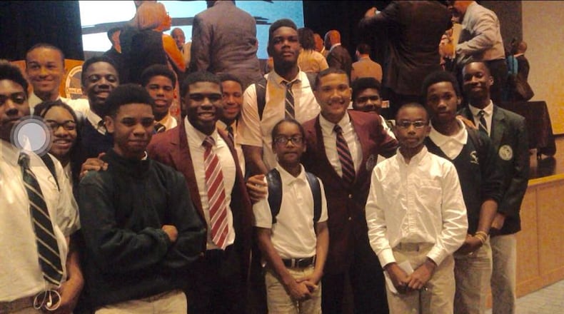 Wearing their Morehouse College maroon blazers, freshmen Jevian Gudger, right, and Noah McQueen, left, spoke to students at Drew Charter School today as part of My Brother's Keeper, a White House initiative. (Facebook photo.)
