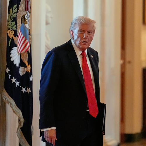 President Donald Trump arrives to speak during an event to welcome the 2025 LSU and LSU-Shreveport national champion baseball teams in the East Room of the White House, Monday, Oct. 20, 2025, in Washington. (AP Photo/Alex Brandon)