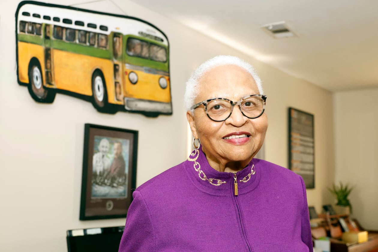Dorris Crenshaw poses for photos for the 70th anniversary of Rosa Park's Bus Boycott, Monday, Nov. 24, 2025, in Montgomery, Ala. (AP Photo/Butch Dill)
