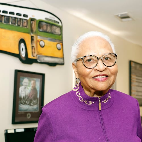 Dorris Crenshaw poses for photos for the 70th anniversary of Rosa Park's Bus Boycott, Monday, Nov. 24, 2025, in Montgomery, Ala. (AP Photo/Butch Dill)