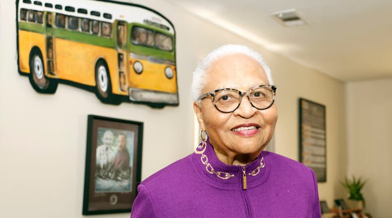 Dorris Crenshaw poses for photos for the 70th anniversary of Rosa Park's Bus Boycott, Monday, Nov. 24, 2025, in Montgomery, Ala. (AP Photo/Butch Dill)