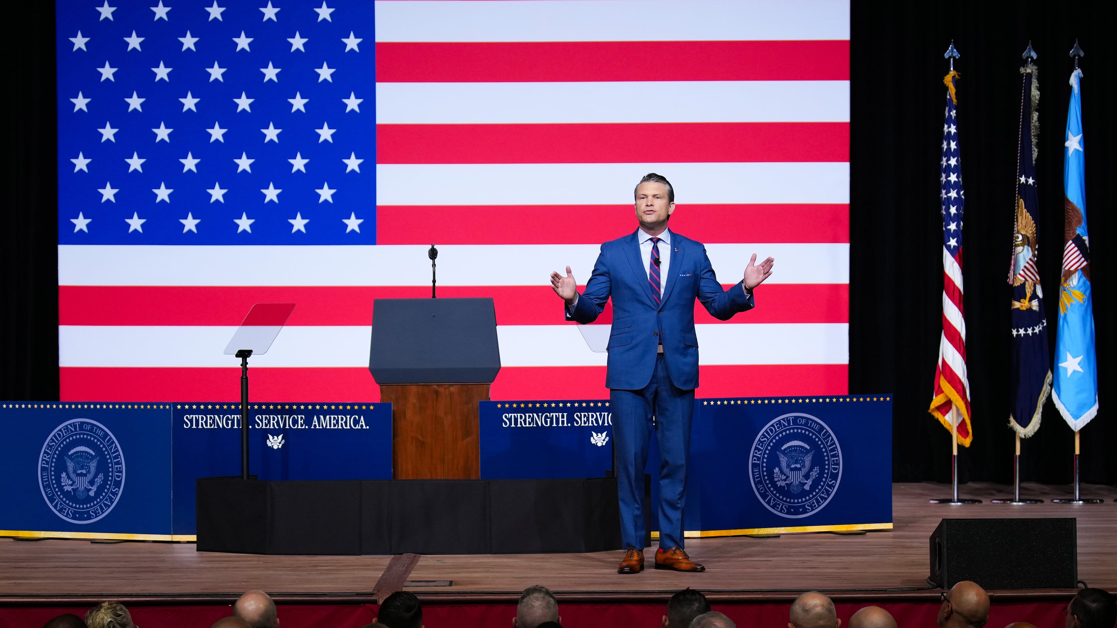 Secretary of Defense Pete Hegseth speaks to senior military leaders at Marine Corps Base Quantico, Tuesday, Sept. 30, 2025 in Quantico, Va. (Andrew Harnik/Pool via AP)