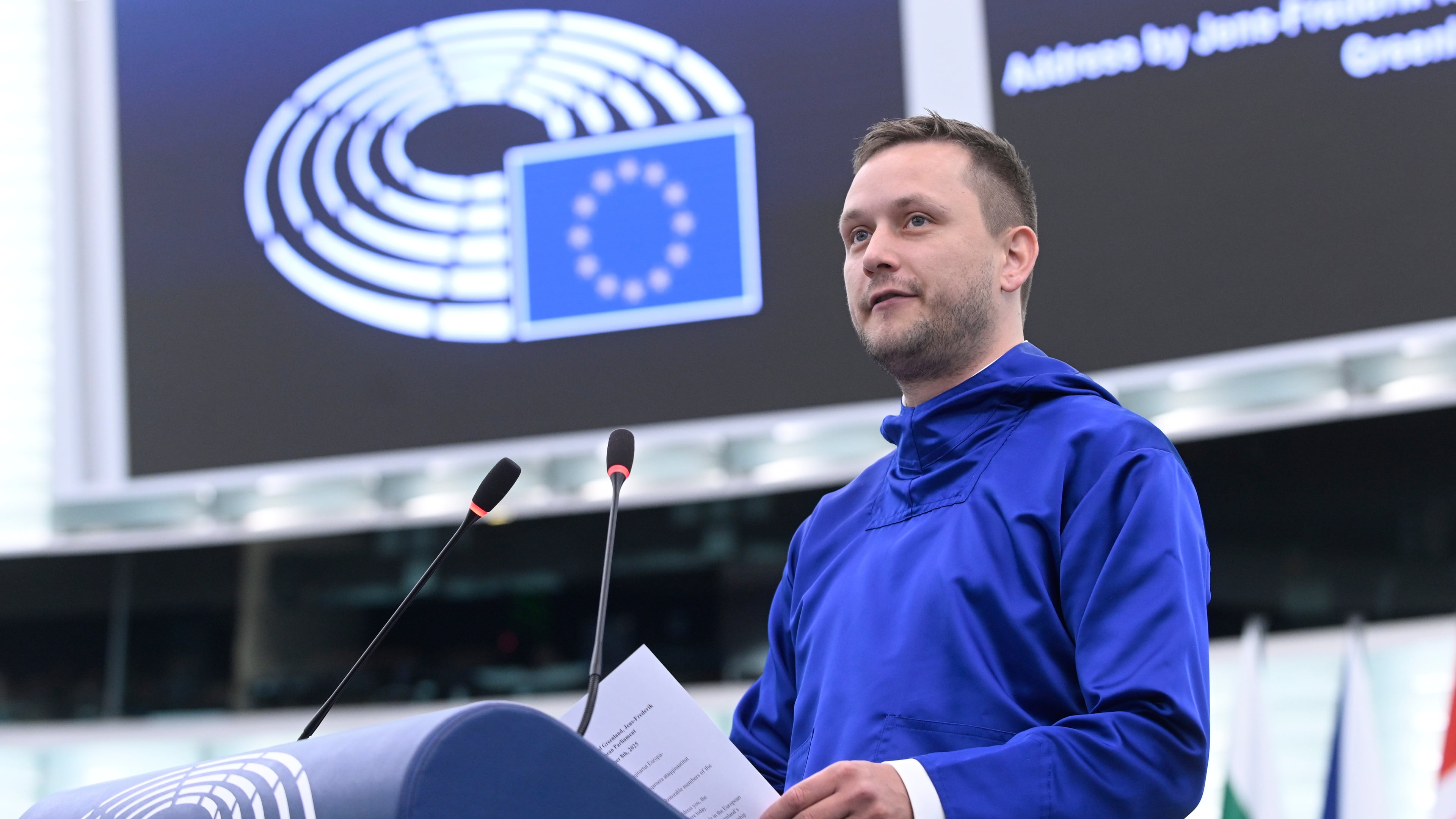 Prime Minister of Greenland Jens-Frederik Nielsen delivers a speech Wednesday, Oct. 8, 2025 at the European Parliament in Strasbourg, eastern France. (AP Photo/Pascal Bastien)