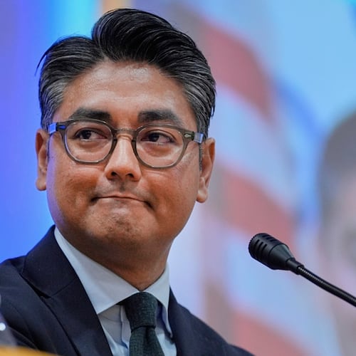 FILE - Incumbent Cincinnati Mayor Aftab Pureval participates in a candidate forum with Brian Frank hosted by the Cincinnati NAACP, April 15, 2025, in Cincinnati. (AP Photo/Carolyn Kaster, File)