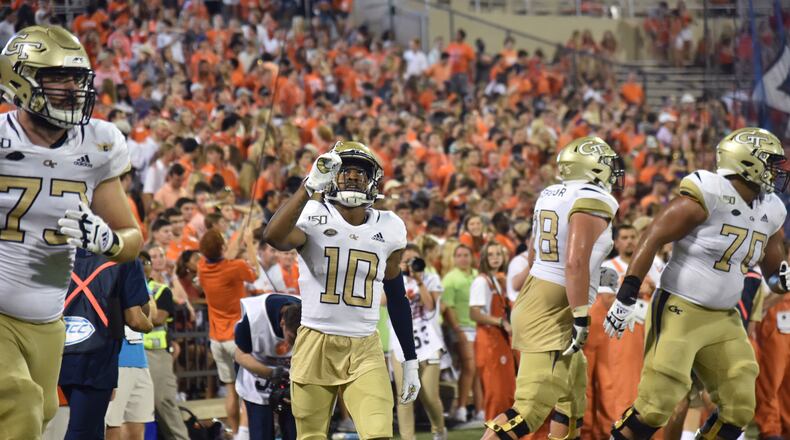 Georgia Tech wide receiver Ahmarean Brown (10) celebrates after he scored a touchdown pass in the second half at Memorial Stadium on the Clemson University campus in Clemson, S.C. on Thursday, August 29, 2019. Clemson won 52-14 over the Georgia Tech. (Hyosub Shin / Hyosub.Shin@ajc.com)