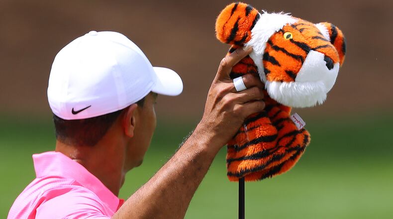 Tiger Woods pulls his driver while he practices for the Masters at Augusta National Golf Club on Monday, April 2, 2018, in Augusta. Curtis Compton/ccompton@ajc.com