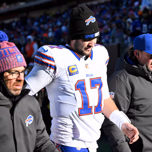 Buffalo Bills quarterback Josh Allen (17) leaves the field after an injury against the Cleveland Browns during the first half of an NFL football game in Cleveland, Sunday, Dec. 21, 2025. (AP Photo/David Richard)