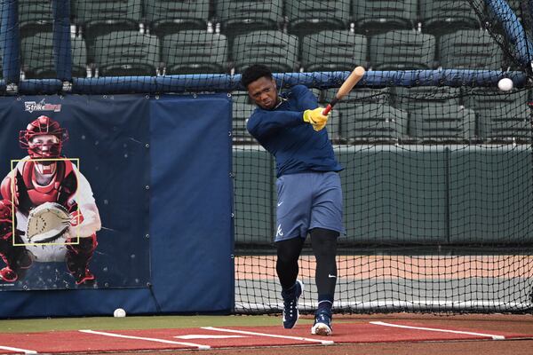 Atlanta Braves outfielder Ronald Acuña Jr. takes batting practice during spring training workouts at CoolToday Park, Friday, February 14, 2025, North Port, Florida. (Hyosub Shin / AJC)