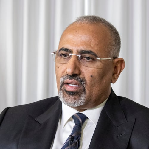 FILE - The president of the Yemen's Southern Transitional Council Aidarous Al-Zubaidi sits for an interview, Sept. 22, 2023, in New York, while attending the United Nations General Assembly's annual high-level meeting of world leaders. (AP Photo/Ted Shaffrey, File)