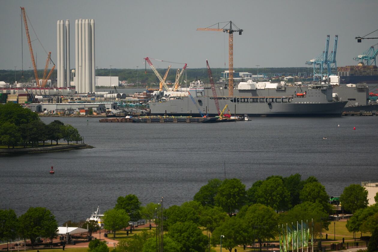 The Dominion Energy Offshore Wind Farm staging area is seen at the Portsmouth Marine terminal Monday, April 13, 2026, in Portsmouth, Va. (AP Photo/Julia Demaree Nikhinson)