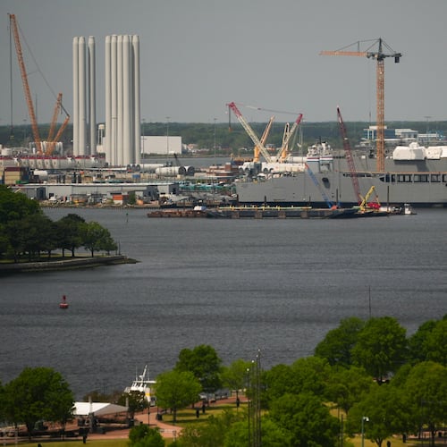 The Dominion Energy Offshore Wind Farm staging area is seen at the Portsmouth Marine terminal Monday, April 13, 2026, in Portsmouth, Va. (AP Photo/Julia Demaree Nikhinson)