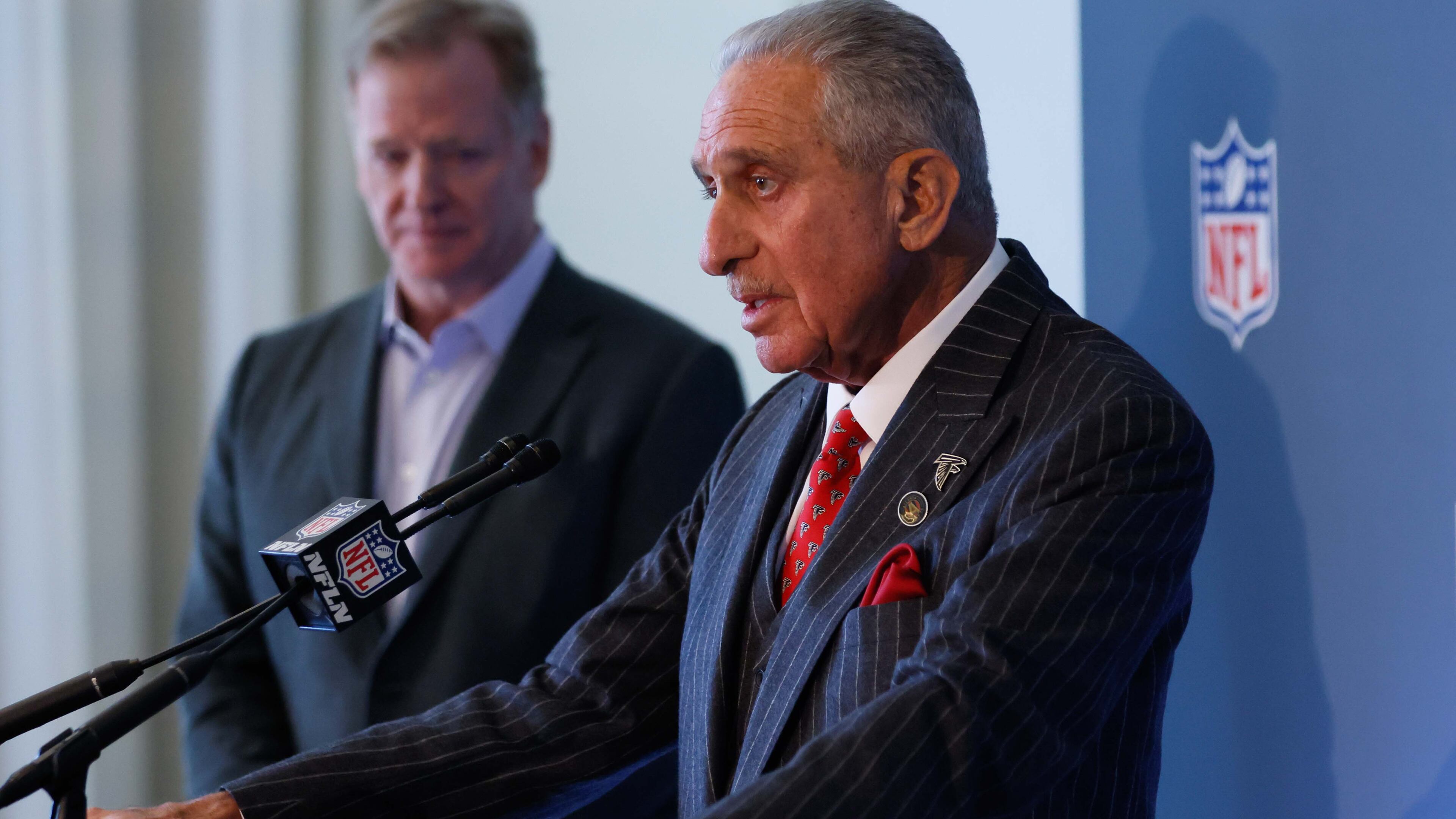 Falcons owner Arthur Blank, shown here speaking at a news conference in October, testified in an arbitration grievance between the NFL and the National Football League Players Association that was decided in January. (Miguel Martinez/AJC 2024)
