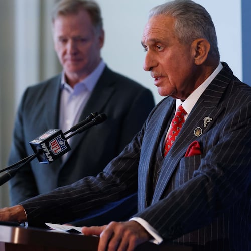 Falcons owner Arthur Blank, shown here speaking at a news conference in October, testified in an arbitration grievance between the NFL and the National Football League Players Association that was decided in January. (Miguel Martinez/AJC 2024)