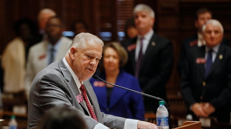 January 13, 2020 - Atlanta - Speaking from the well, House Speaker David Ralston  eulogizes Georgia House Rules Chairman Jay Powell, who died during a retreat of Republican legislative leaders last November.  The Georgia General Assembly started its 2020 session amid a backdrop of an election year.  ACLU volunteers greeted lawmakers and offered copies of the constitution.  Bob Andres / bandres@ajc.com