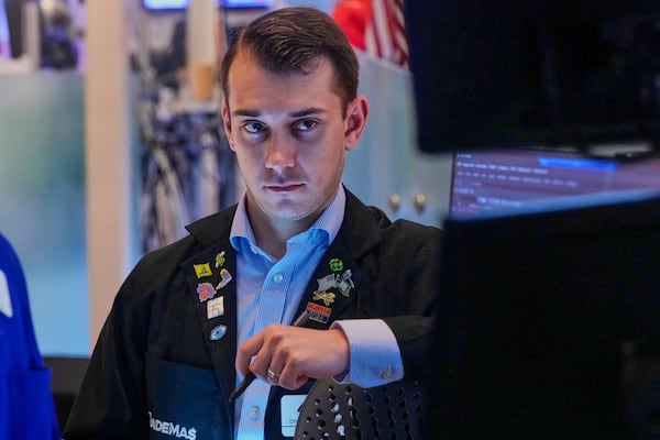 Trader Dylan Halvorsan works on the floor of the New York Stock Exchange, Tuesday, April 29, 2025. (AP Photo/Richard Drew)