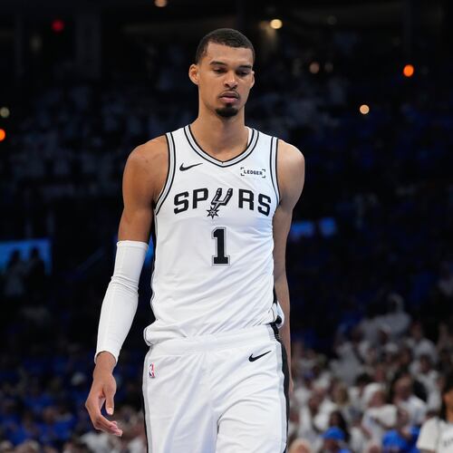 San Antonio Spurs forward Victor Wembanyama reacts after Game 2 in the Western Conference finals NBA basketball playoffs series against the Oklahoma City Thunder Wednesday, May 20, 2026, in Oklahoma City. (AP Photo/Tony Gutierrez)