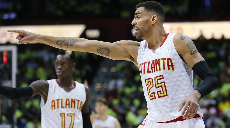 Atlanta Hawks Thabo Sefolosha makes a point against the Celtics in game one of their NBA Eastern Conference first round playoff game at Philips Arena on Saturday, April 16, 2016. Curtis Compton / ccompton@ajc.com