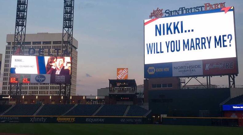 This is the sign at SunTrust Park that Jeff Donahoo used to propose to Nikki Hobus on April 11, 2017. It was the new Braves stadium's first proposal.