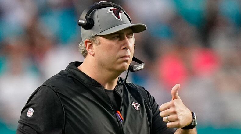 Atlanta Falcons head coach Arthur Smith gestures during the first half of a preseason NFL football game against the Miami Dolphins, Saturday, Aug. 21, 2021, in Miami Gardens, Fla. (AP Photo/Lynne Sladky)