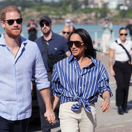 FILE - Prince Harry, and Meghan, the Duke and Duchess of Sussex, arrive for an event, during a visit to Bondi Beach, Australia, April 17, 2026. (Jonathan Brady/Pool Photo via AP, File)
