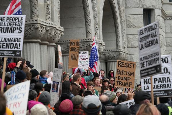 Supporters of Judge Hannah Dugan hold a rally in Milwaukee at the U.S. Courthouse in Milwaukee on Friday, April 25, 2025. (Lee Matz/Milwaukee Independent via AP)