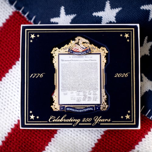 A commemorative ornament released by America250 as part of events leading up to the 250th anniversary of the signing of the Declaration of Independence in 1776, is photographed Thursday, Nov. 13, 2025, in Washington. (AP Photo/Mark Schiefelbein)