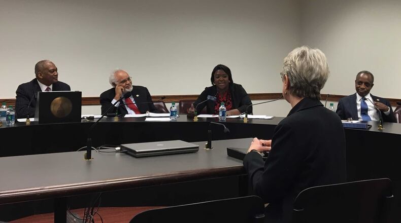 DeKalb County commissioners presented their legislative agenda to the county's Senate delegation on Thursday. From left: Sen. Emanuel Jones, D-Decatur, DeKalb Board of Elections member Samuel Tillman, Sen. Tonya Anderson, D-Lithonia, DeKalb Commissioner Kathie Gannon and DeKalb CEO Mike Thurmond. MARK NIESSE / MARK.NIESSE@AJC.COM