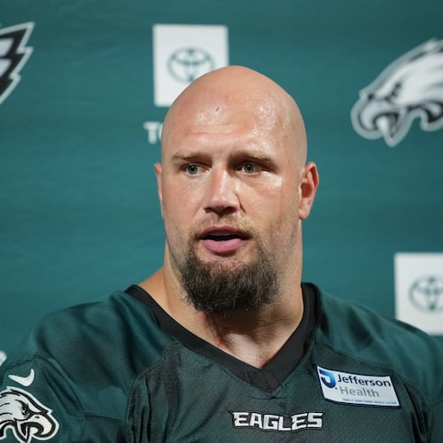 FILE - Philadelphia Eagles' Lane Johnson speaks during a news conference at the NFL football team's training facility, Tuesday, June 9, 2026, in Philadelphia. (AP Photo/Matt Rourke, File)