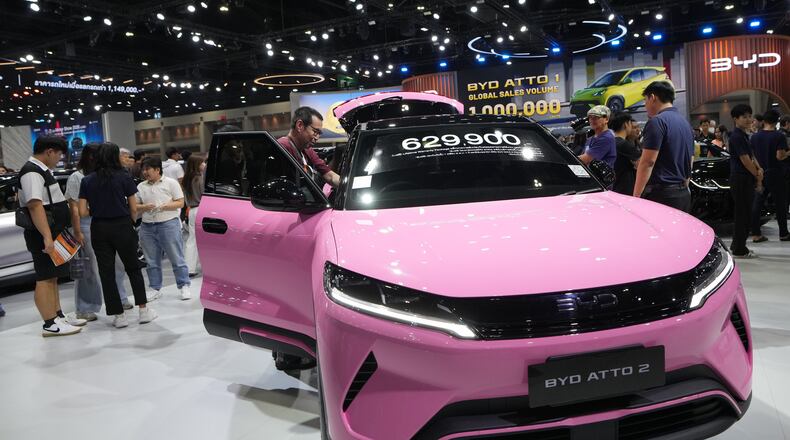 BYD's electric vehicle ATTO2 is on display during the Bangkok Motor Show in Nonthaburi, Thailand, Wednesday, April 1, 2026. (AP Photo/Sakchai Lalit)