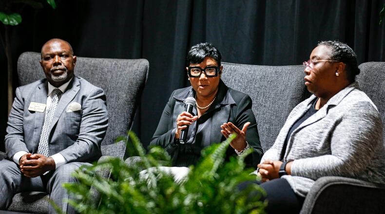 Lorraine Cochran Johnson, (center), speaks at DeKalb CEO & Commission Forum on Housing in Atlanta, Georgia on Thursday, June 13, 2024. (Ziyu Julian Zhu / AJC)