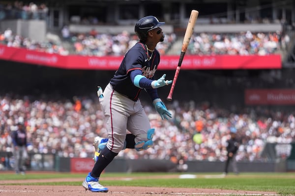 Atlanta Braves' Ronald Acuña Jr. watches his fly out against the San Francisco Giants during the fifth inning of a baseball game in San Francisco, Sunday, June 8, 2025. (AP Photo/Jeff Chiu)