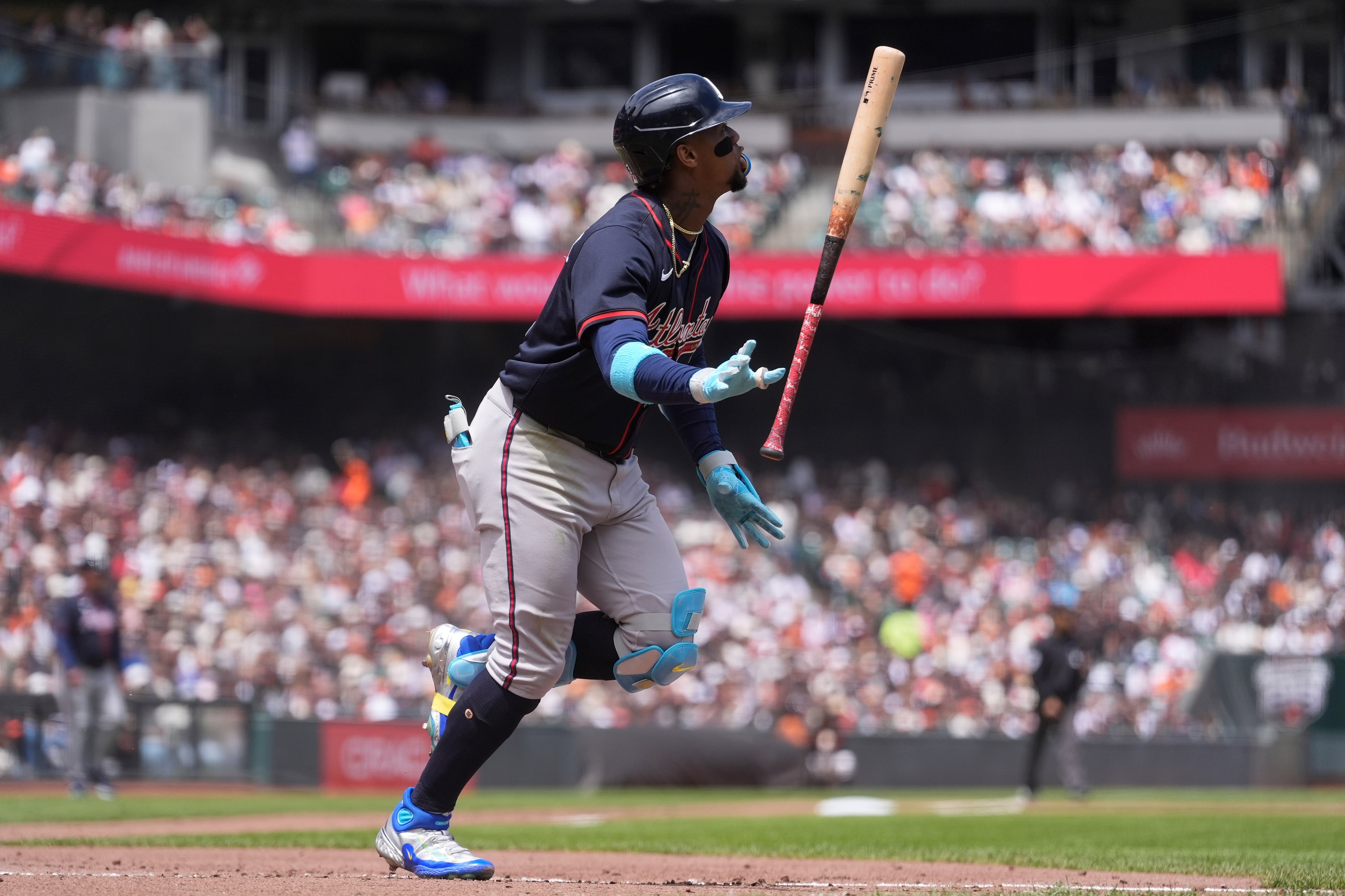 Atlanta Braves' Ronald Acuña Jr. watches his fly out against the San Francisco Giants during the fifth inning of a baseball game in San Francisco, Sunday, June 8, 2025. (AP Photo/Jeff Chiu)