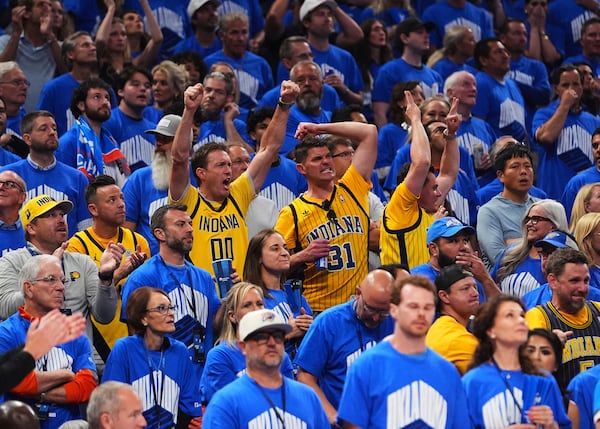 Indiana Pacers fans cheer during the second half of Game 7 of the NBA Finals basketball series against the Oklahoma City Thunder Sunday, June 22, 2025, in Oklahoma City. (AP Photo/Julio Cortez)
