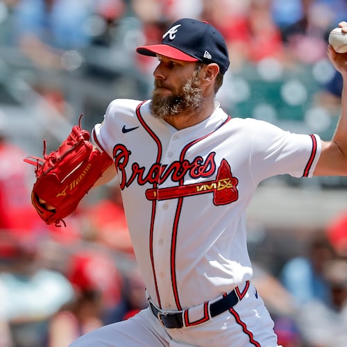 Braves starting pitcher Chris Sale throws during the first inning against the Phillies on Sunday, April 26, 2026, at Truist Park in Atlanta. Sale threw six innings of one-hit ball, with nine strikeouts, two walks and a hit-by-pitch. (Erik S. Lesser/AP)