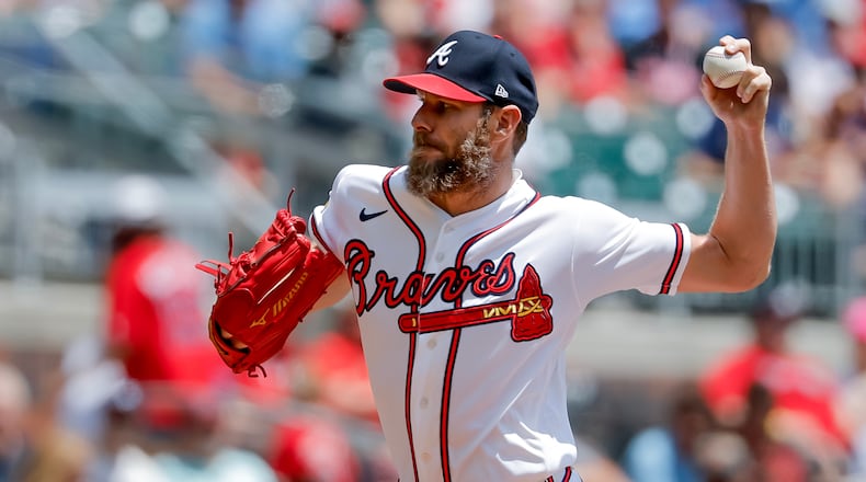 Braves starting pitcher Chris Sale throws during the first inning against the Phillies on Sunday, April 26, 2026, at Truist Park in Atlanta. Sale threw six innings of one-hit ball, with nine strikeouts, two walks and a hit-by-pitch. (Erik S. Lesser/AP)