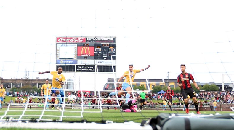 Forward Hector “Tito” Villalba scores the first goal for Atlanta United in its first preseason game against the Chattanooga FC. (Miguel Martinez)