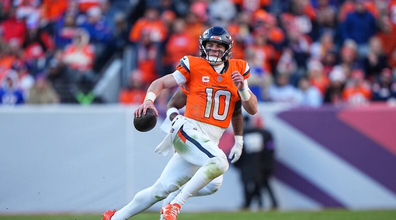 FILE - Denver Broncos quarterback Bo Nix (10) runs the ball against the Buffalo Bills in an NFL divisional playoff football game on Jan. 17, 2026 in Denver. (AP Photo/Bart Young, File)