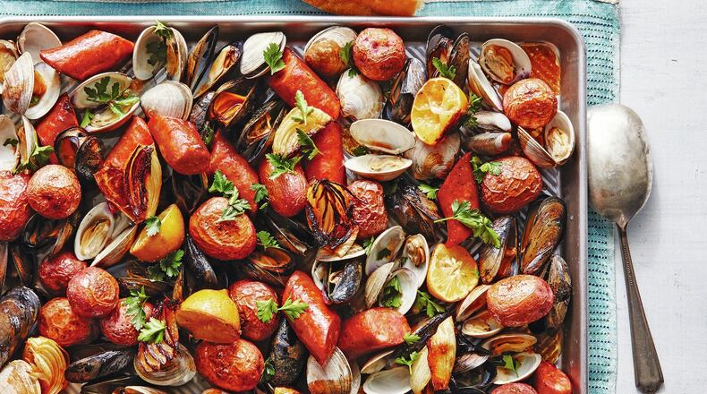 Seafood Bake with Buttery Wine Sauce from “One Sheet Eats” by the Editors of Oxmoor House. CONTRIBUTED BY JENNIFER CAUSEY