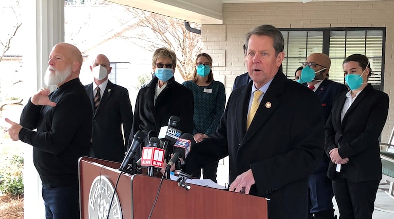 Georgia Gov. Brian Kemp speaks during a news conference Dec. 28, 2020, administering the first coronavirus vaccinations to nursing home personnel.