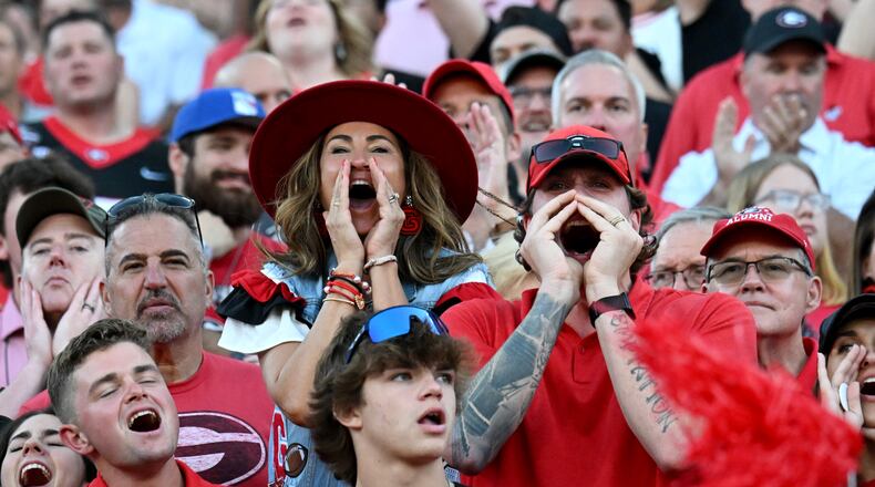 Georgia fans make noises during the second half in an NCAA football game at Sanford Stadium, Saturday, October 12, 2024, in Athens. Georgia won 41-31 over Mississippi State. (Hyosub Shin / AJC)