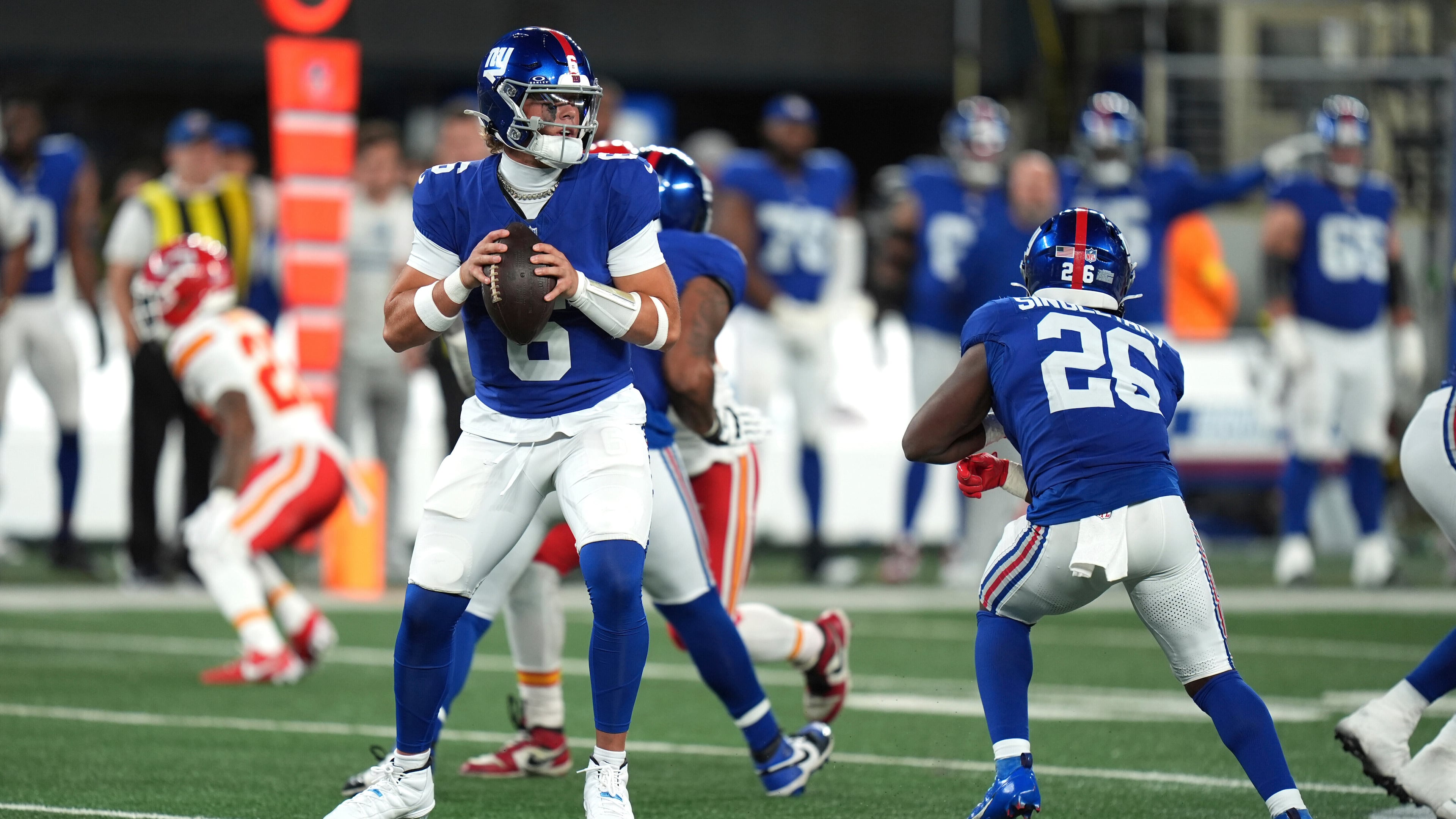 FILE - New York Giants quarterback Jaxson Dart drops back to pass during the second half of an NFL football game against the Kansas City Chiefs Sunday, Sept. 21, 2025, in East Rutherford, N.J. (AP Photo/Seth Wenig, file)