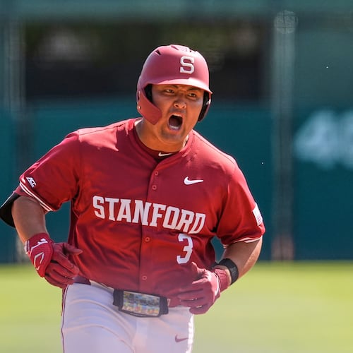 FILE - Stanford's Rintaro Sasaki reacts as he runs the bases after his two-run home run during the sixth inning of an NCAA college baseball game against the Notre Dame, April 20, 2025, in Stanford, Calif. (AP Photo/Godofredo A. Vásquez, File)