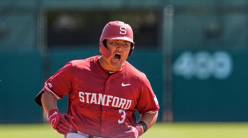 FILE - Stanford's Rintaro Sasaki reacts as he runs the bases after his two-run home run during the sixth inning of an NCAA college baseball game against the Notre Dame, April 20, 2025, in Stanford, Calif. (AP Photo/Godofredo A. Vásquez, File)
