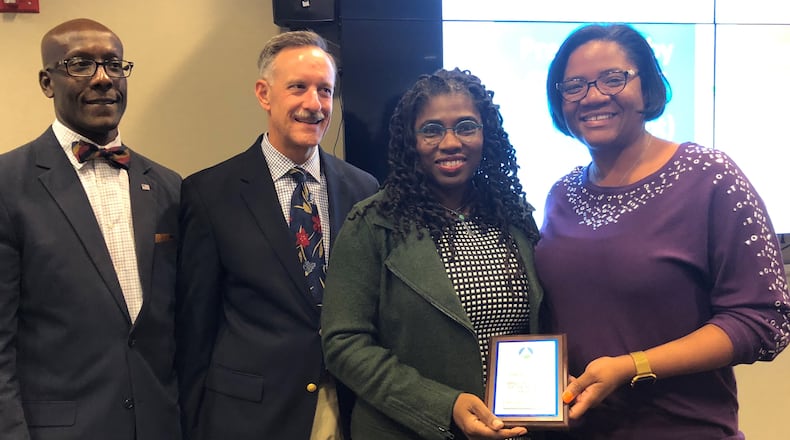 The Aerotropolis Atlanta Alliance, in partnership with the ATL Airport Chamber, selected AETC as its Small Business of the Month for October. (from left to right) Artie Jones, III, Chairman Elect, ATL Airport Chamber; Dr. F. Stuart Gulley, Aerotropolis Alliance Board Chair; Shawnalea Garvin, founder and CEO, AETC; East Point Mayor Deana Holiday Ingraham. CONTRIBTUED