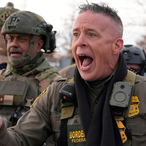 U.S. Border Patrol Cmdr. Gregory Bovino shouts at protesters, Sunday, Jan. 11, 2026, in Minneapolis. (AP Photo/Jen Golbeck)