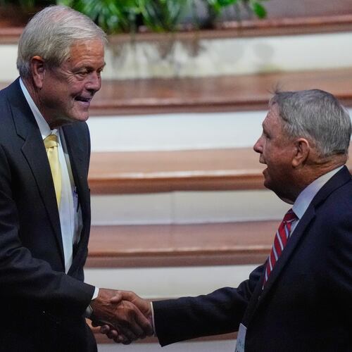 Rep. Ralph Norman, R-S.C., left, who is running to fill the seat of Sen. Lindsey Graham, R-S.C., greets an attendee before the late Sen. Graham's funeral at First Baptist Church in Columbia, S.C. (AP Photo/Gerald Herbert)