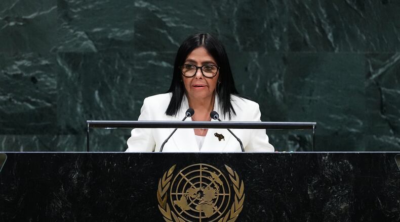 Delcy Rodríguez, acting president of Venezuela, addresses the 81st session of the United Nations General Assembly at U.N. headquarters Wednesday, Sept. 23, 2026. (AP Photo/Frank Franklin II)