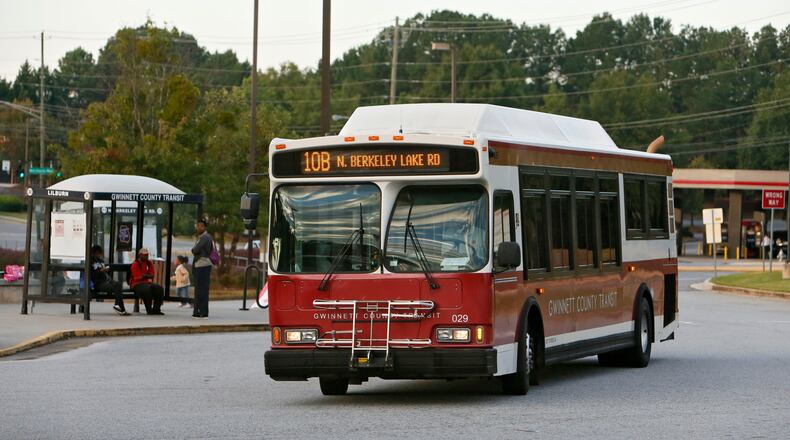 In this 2013 file photo, a Gwinnett County Transit bus s pulls away from the transit center in Duluth. BOB ANDRES / BANDRES@AJC.COM